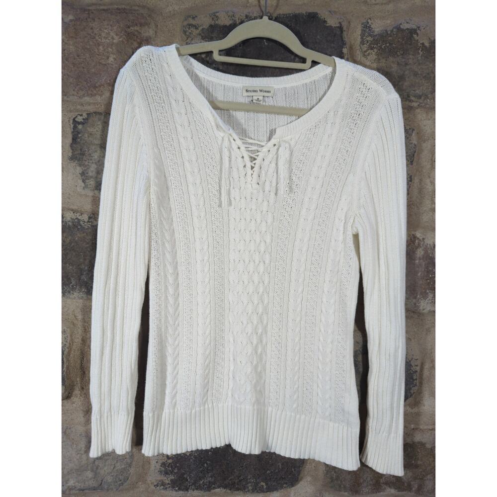 Studio Works Sweater Woman's Medium White Cable Knit Lace Up Neck Minimalist